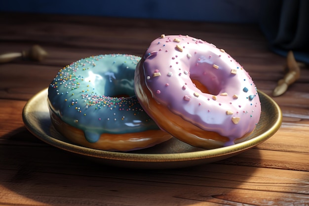 Two donuts on a plate with different colored sprinkles.