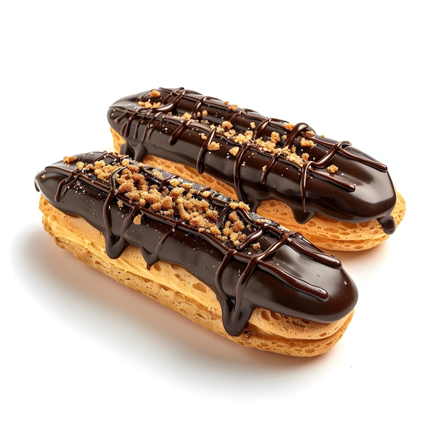 Photo two donuts with chocolate drizzled on them one of which has nuts on top