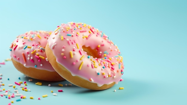 two donuts with pink frosting and sprinkles on them.