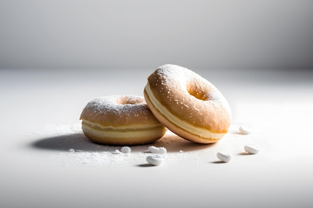 Two donuts with powdered sugar on top of them on a table.