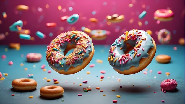 two donuts with sprinkles are being released by a girl