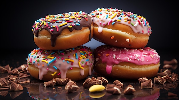 two donuts with sprinkles and sprinkles are on a plate.