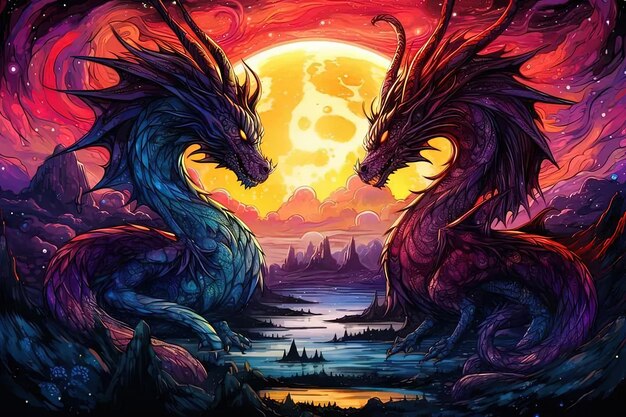 Photo two dragon are facing each other in front of a full moon