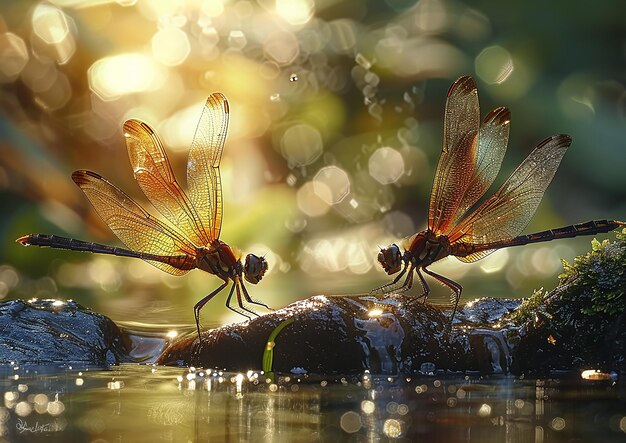 two dragonflys are on a rock one has a small fish in it