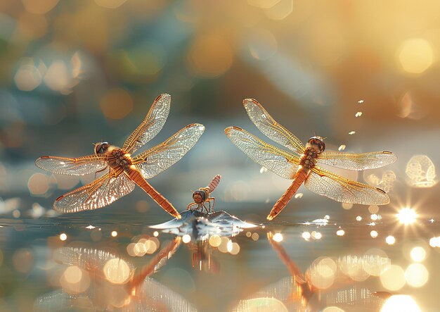 two dragonflys are on a surface with water droplets