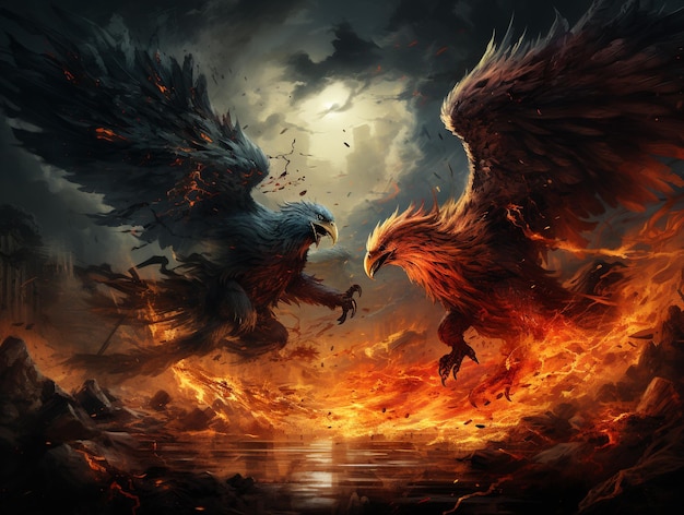 two dragons fighting over a fire with a full moon in the background