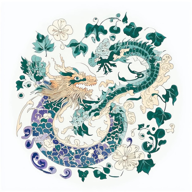 Photo two dragons intertwined in floral design