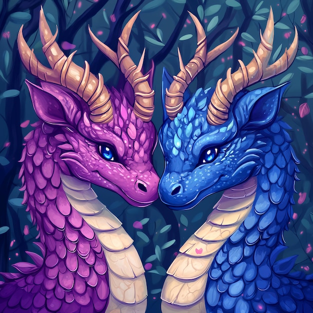 Two Dragons in Love Fantasy Illustration