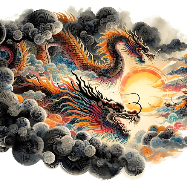 Two Dragons Soaring Through the Clouds