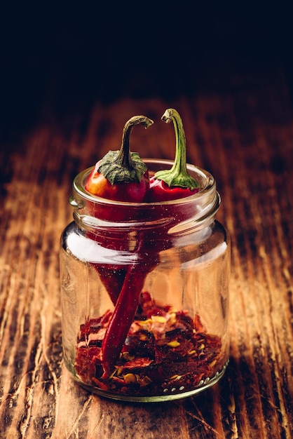 Two dried red chili peppers in jar