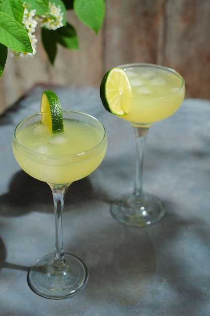 Two drinking glasses of southside cocktail or daiquiri cocktail