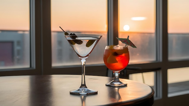 Two drinks sit on a table in front of a window