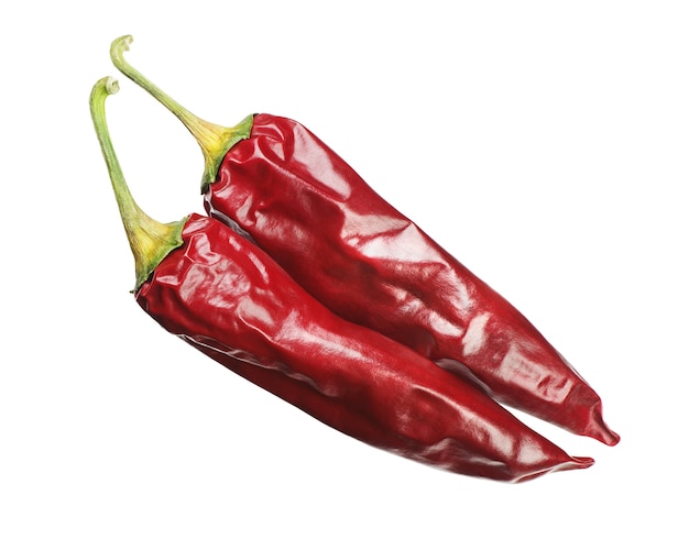 Two dry red chili peppers isolated on white background