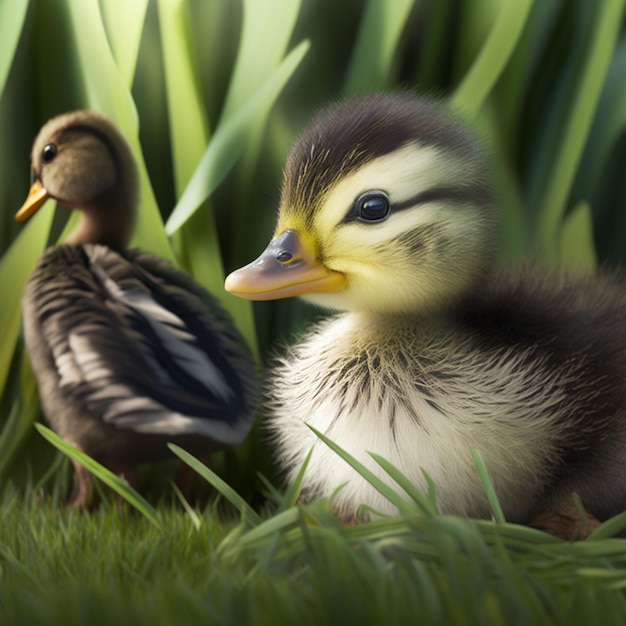 Two ducks are sitting in the grass and one is looking at the camera.