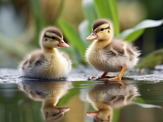 Two ducks are sitting in a pond, one of which is the only one that is the duck.