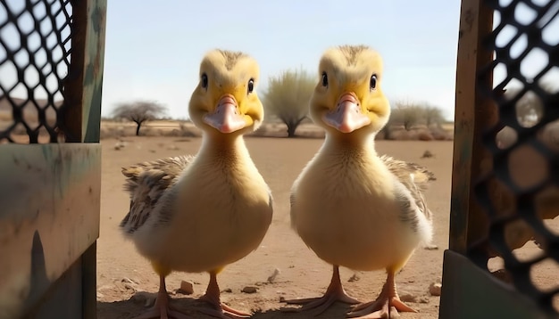 Two ducks are standing in a desert