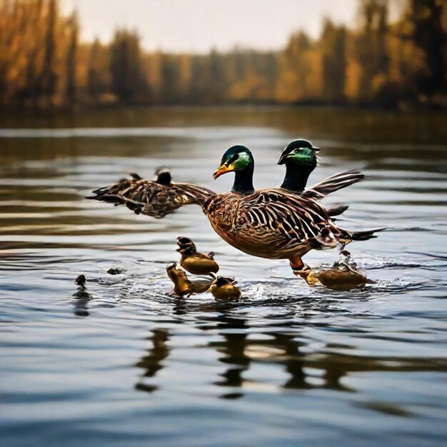 Photo two ducks are swimming in a lake with a duck in the water