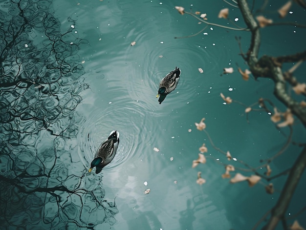 Photo two ducks are swimming in the water and one has a tree branch in the foreground