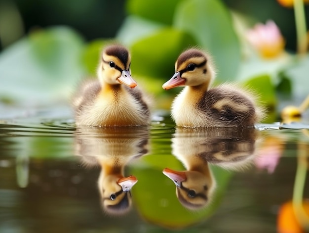 Two ducks are swimming in the water and one is looking at the camera.