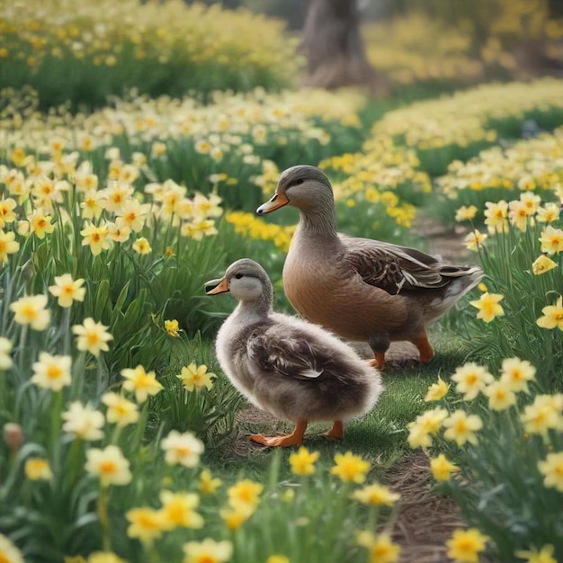 two ducks in a field of flowers with yellow flowers