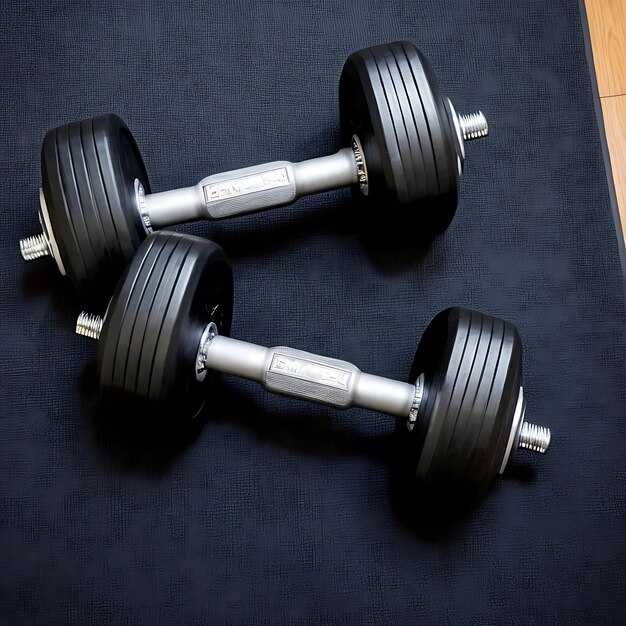 Photo two dumbbells are on a mat on a wooden floor