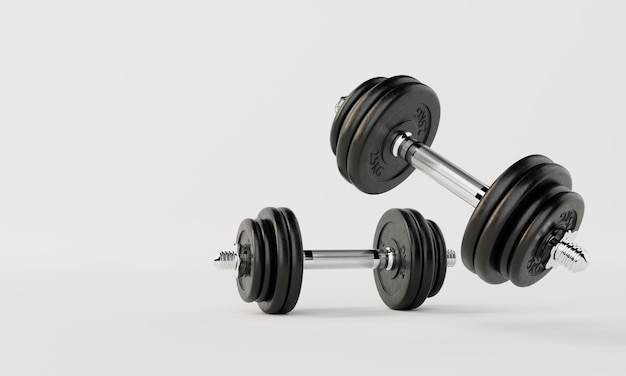 Two dumbbells on isolated white background. Fitness and sport concept. 3D illustration rendering