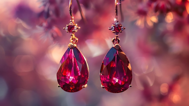 two earrings with pink diamonds hanging from a tree