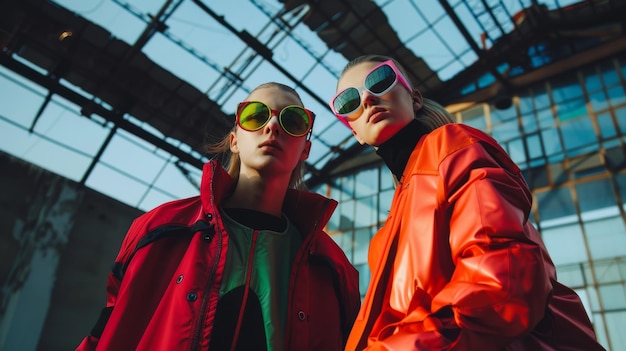 Two edgy individuals clad in bright oversized jackets and bold sunglasses pose under the open sky of a spacious industrial site