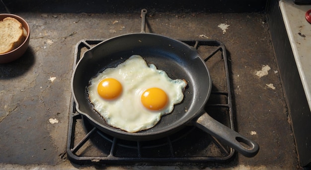 Photo two eggs are cooking in a pan on a stove