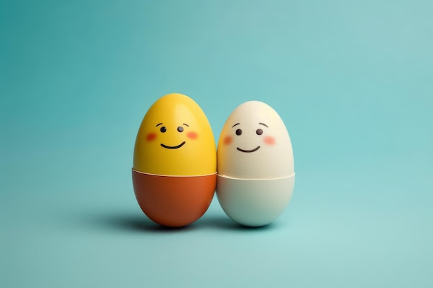 Two eggs with faces are sitting next to each other on a blue background.