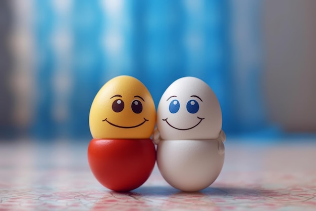 Two eggs with a smiling face and a smiling face are sitting next to each other.