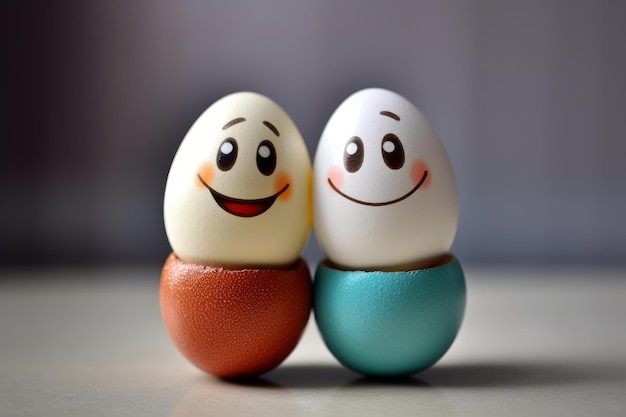 Two eggs with a smiling face and the words happy easter on the front.