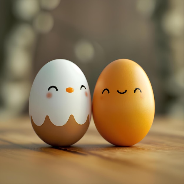 Two eggs with two faces on a wooden table