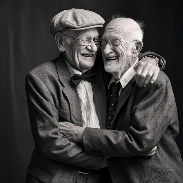 Two elderly friends hugging each other