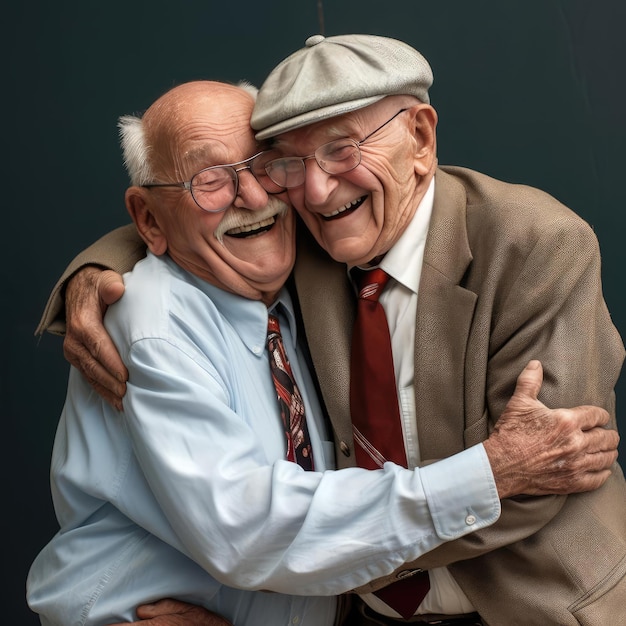 Two elderly friends hugging each other