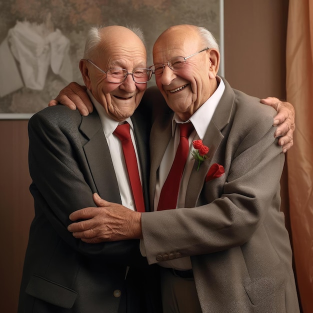 Two elderly friends hugging each other