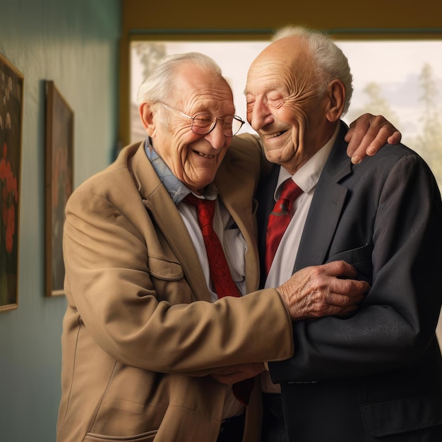 Two elderly friends hugging each other