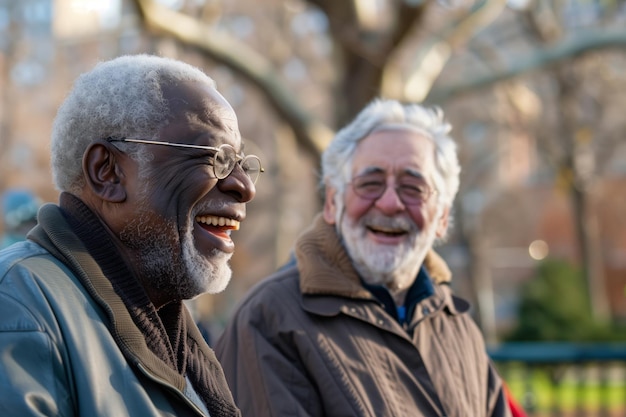 Two elderly men enjoy a cheerful moment together in a park setting