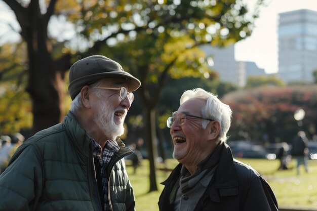 Two elderly men share a laugh in a sunlit park enjoying each others company