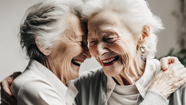 Two elderly women with gray hair hugging and laughing Happy old age concept with friends and family