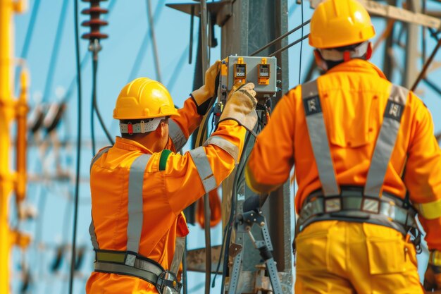 Photo two electricians performing maintenance and repairing power lines