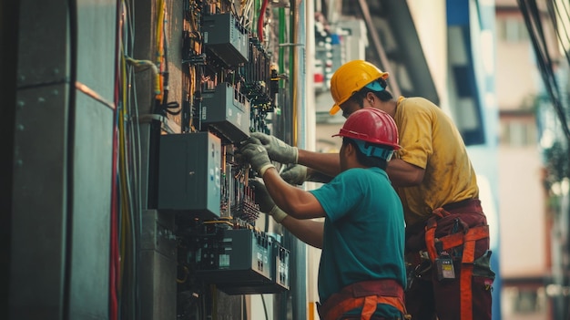 Two Electricians Working on an Electrical Panel