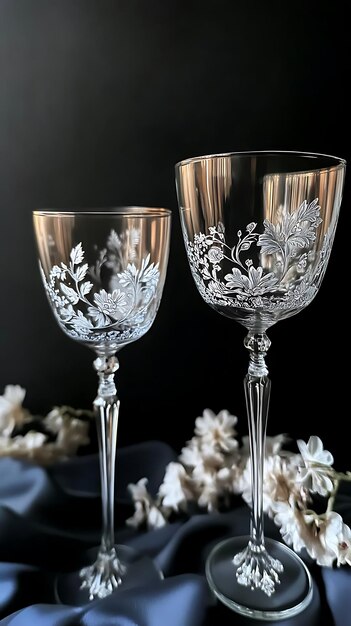 Photo two elegant etched glass wine glasses with white floral design