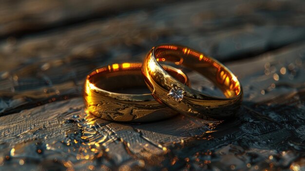 Two elegant gold wedding rings displayed on a rustic wooden surface Perfect for wedding and love concepts