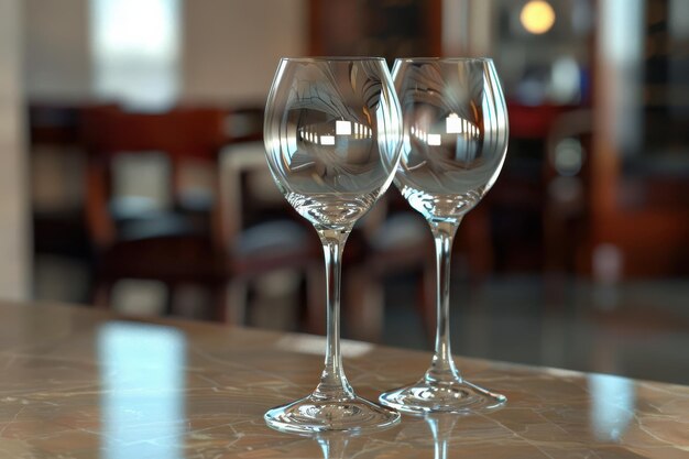 Two elegant wine glasses placed on a marble countertop in a restaurant setting during the evening