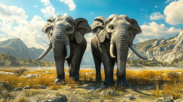 Photo two elephants with tusks standing in a field with mountains in the background