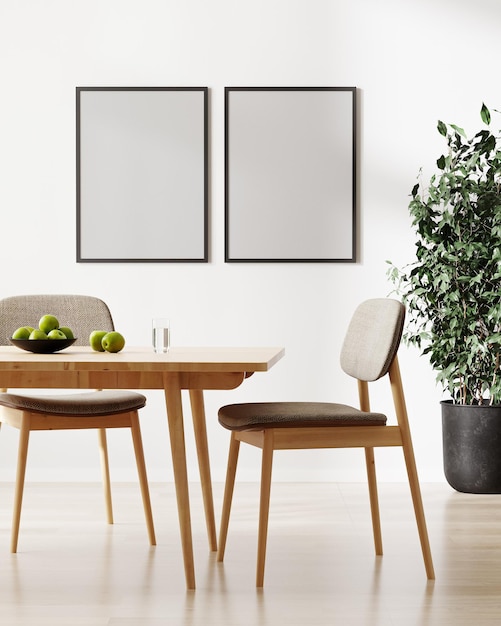 Two empty frames mockup stylish room interior with table and chairs green plant 3d rendering