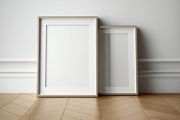 Two empty frames on a white wall with a parquet floor