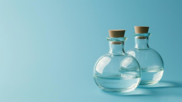 Two Empty Glass Bottles With Cork Tops on a Blue Background