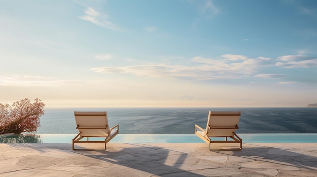 Photo two empty lounge chairs by the pool overlooking a calm ocean and clear sky